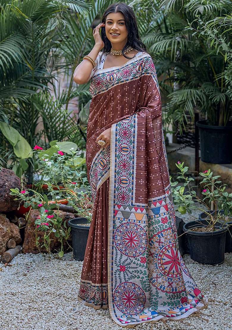 Brown Embroidered Blended Saree Set for Diwali and Festive Wear - Indya