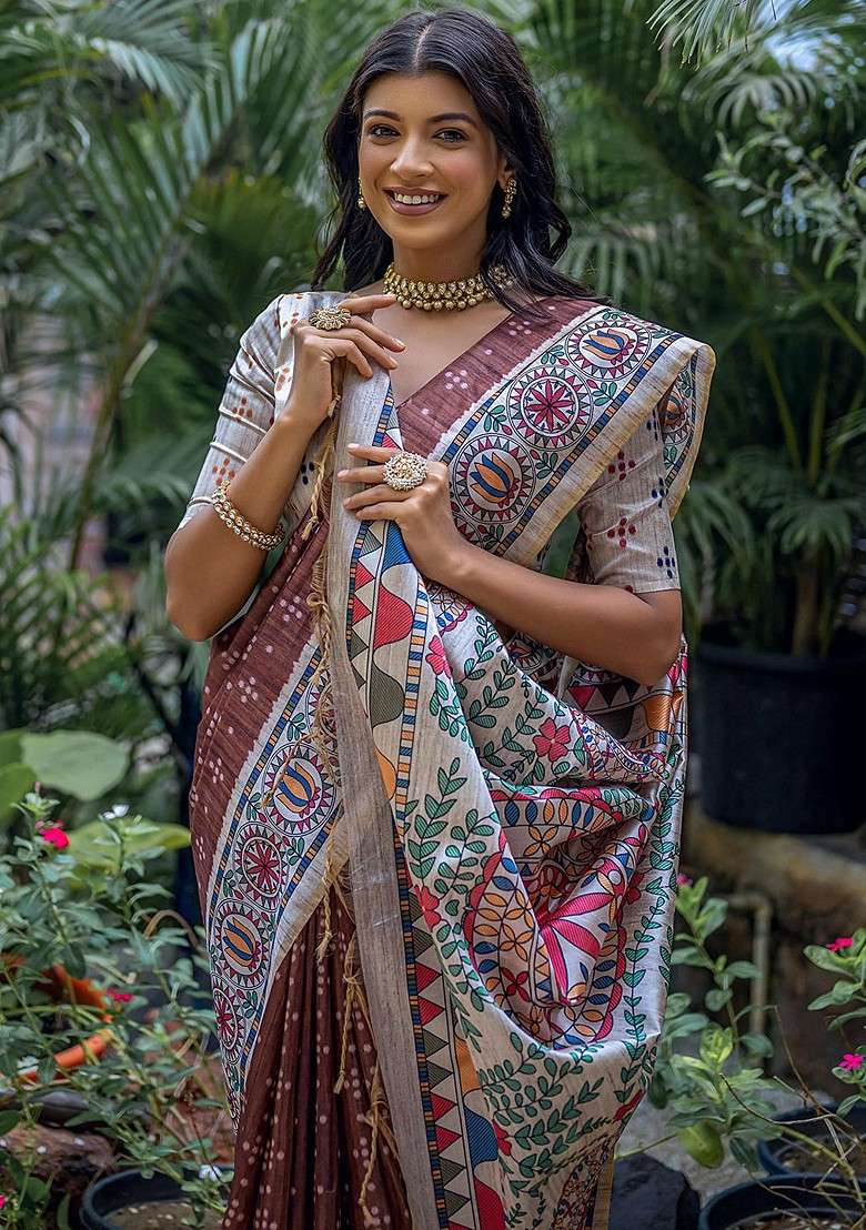 Brown Embroidered Blended Saree Set for Diwali and Festive Wear - Indya