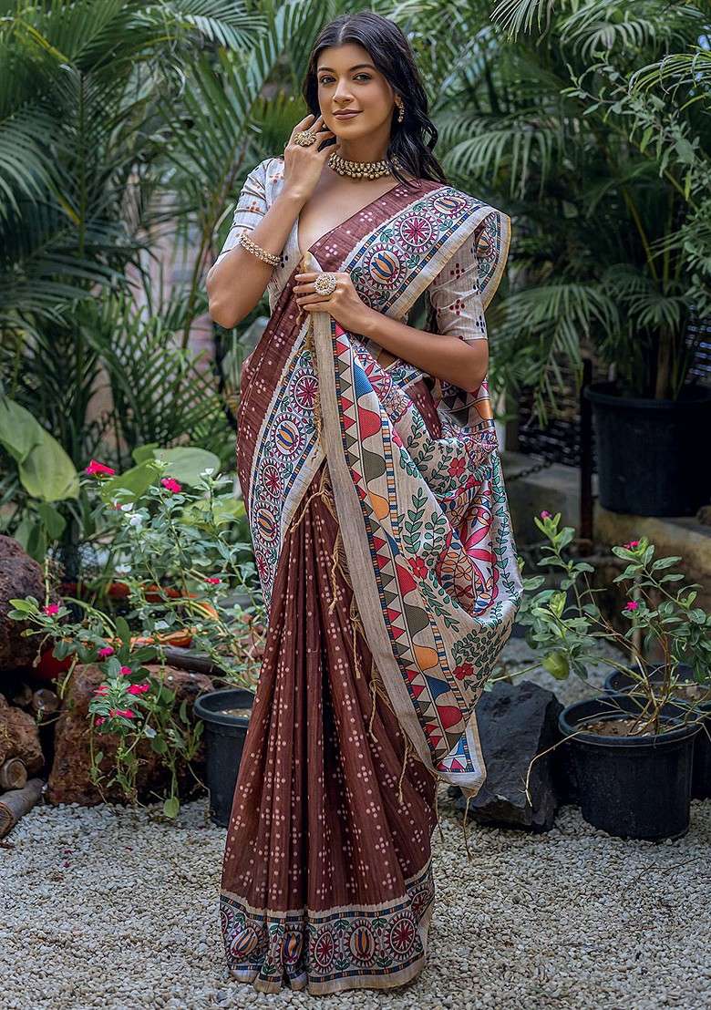 Brown Embroidered Blended Saree Set for Diwali and Festive Wear - Indya