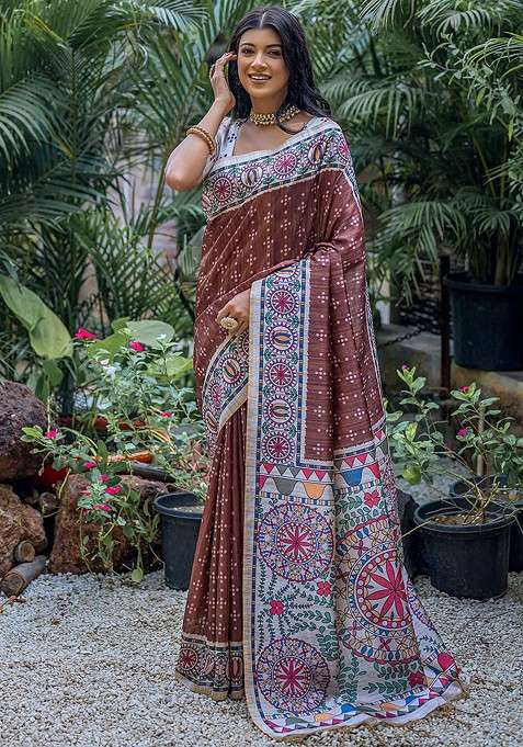 Brown Embroidered Blended Saree Set for Diwali and Festive Wear