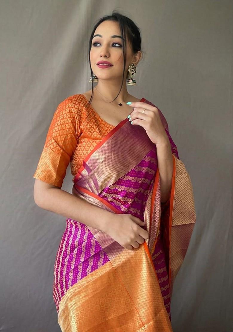 Purple Embroidered Blended Saree Set - Indya