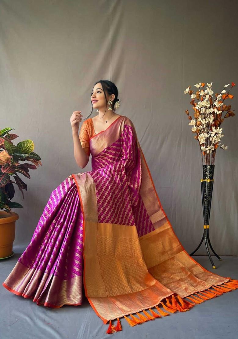 Purple Embroidered Blended Saree Set - Indya