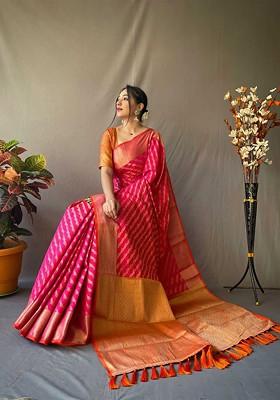 Pink Embroidered Blended Saree Set