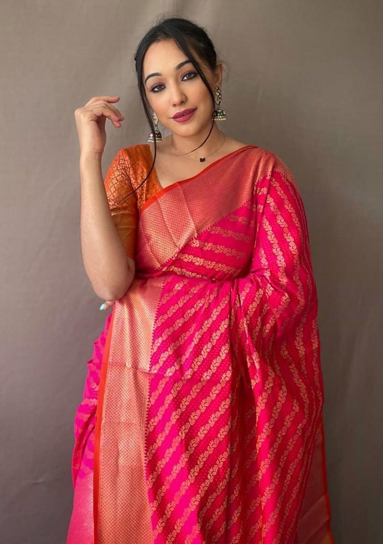 Pink Embroidered Blended Saree Set - Indya