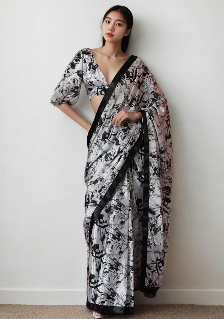 White Embroidered Blended Saree Set - Indya