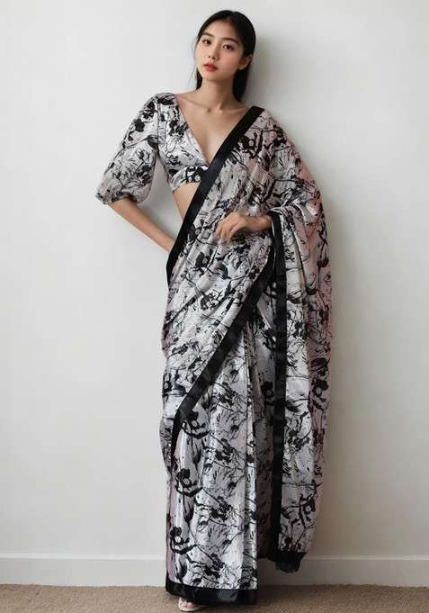 White Embroidered Blended Saree Set for Diwali and Festive Wear