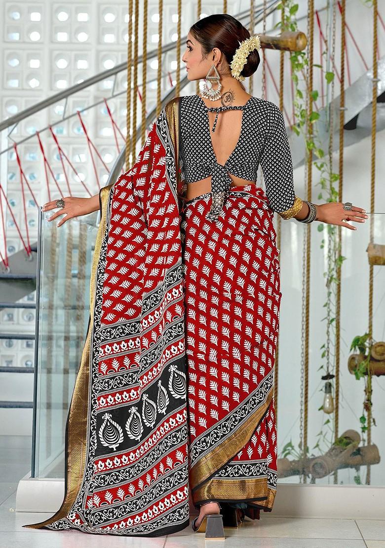 Red Embroidered Blended Saree Set - Indya