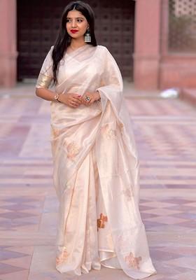 Off White Embroidered Blended Saree Set