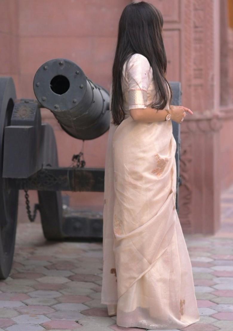 Off White Embroidered Blended Saree Set - Indya