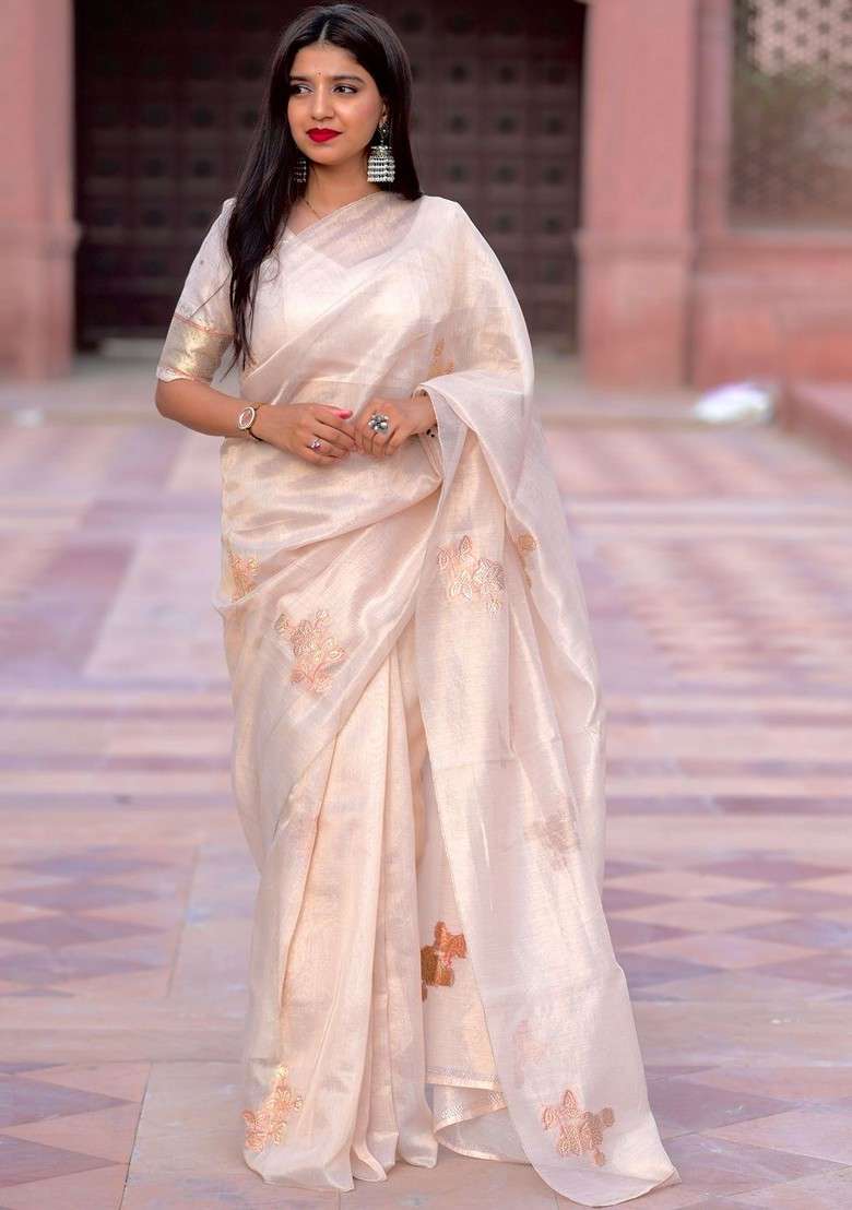 Off White Embroidered Blended Saree Set - Indya