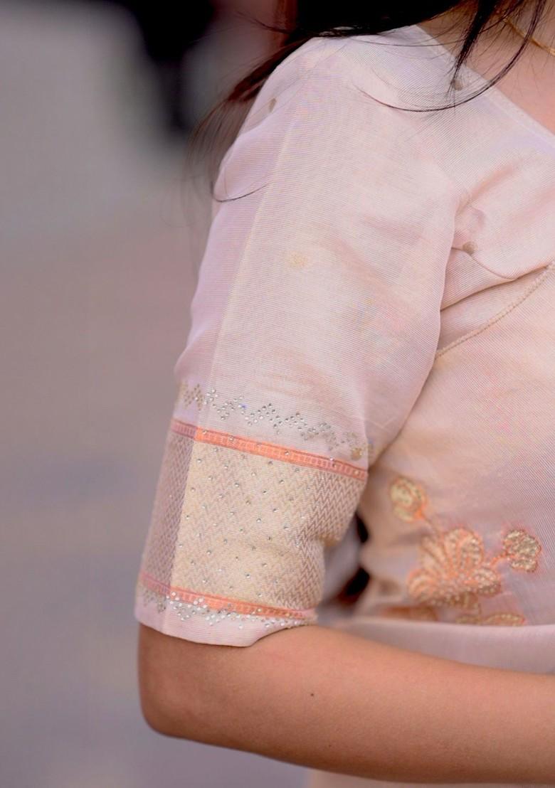 Off White Embroidered Blended Saree Set - Indya