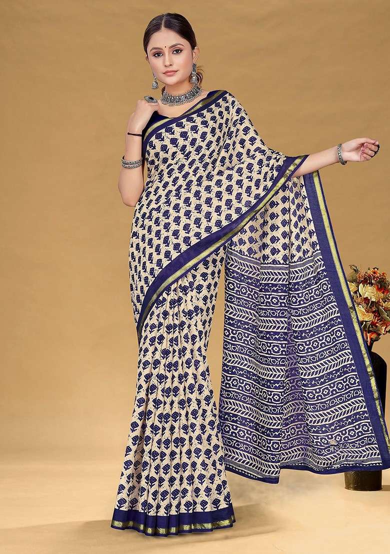 Cream Embroidered Blended Saree Set - Indya