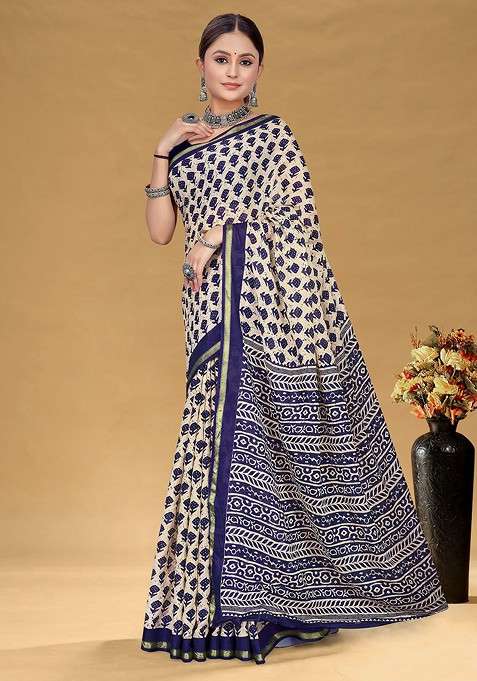 Cream Embroidered Blended Saree Set for Diwali and Festive Wear