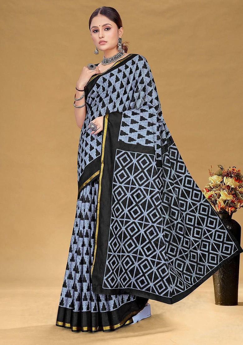 Grey Embroidered Blended Saree Set - Indya