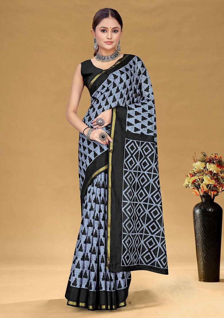 Grey Embroidered Blended Saree Set - Indya