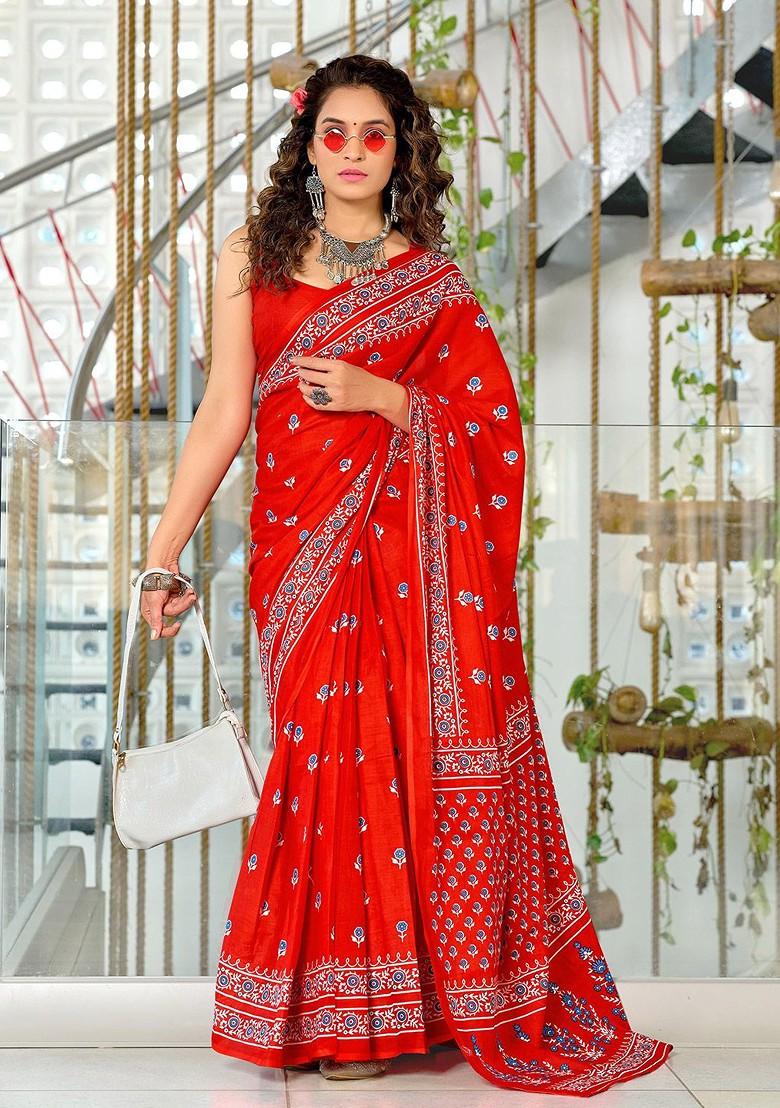Red Embroidered Blended Saree Set - Indya