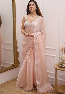 Pink Embroidered Blended Saree Set