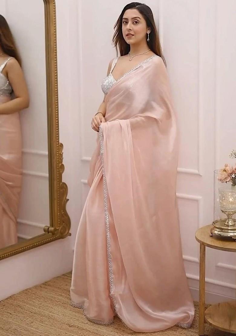 Pink Embroidered Blended Saree Set - Indya