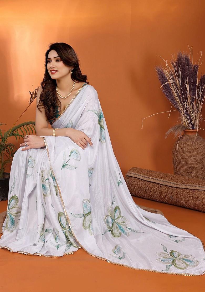 Green Embroidered Blended Saree Set - Indya
