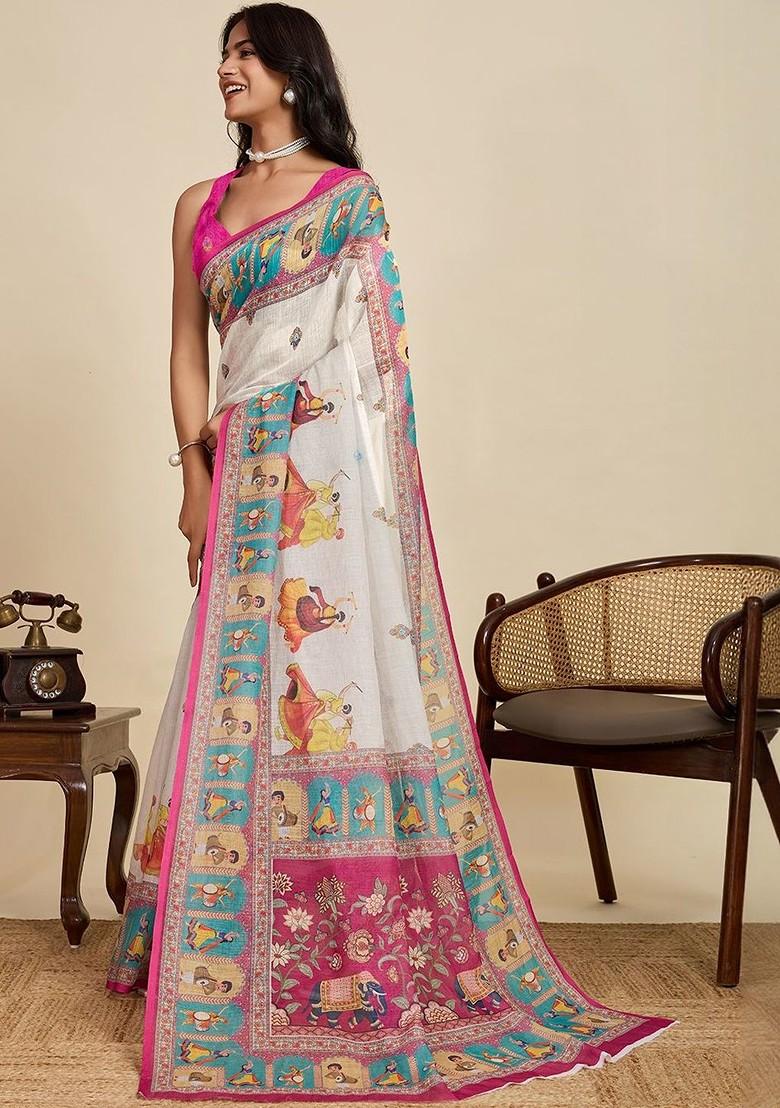 Off White Embroidered Blended Saree Set