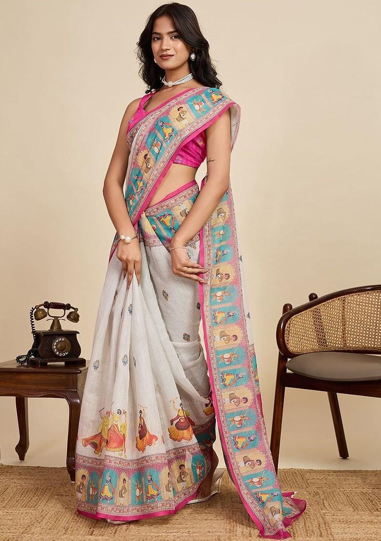Off White Embroidered Blended Saree Set