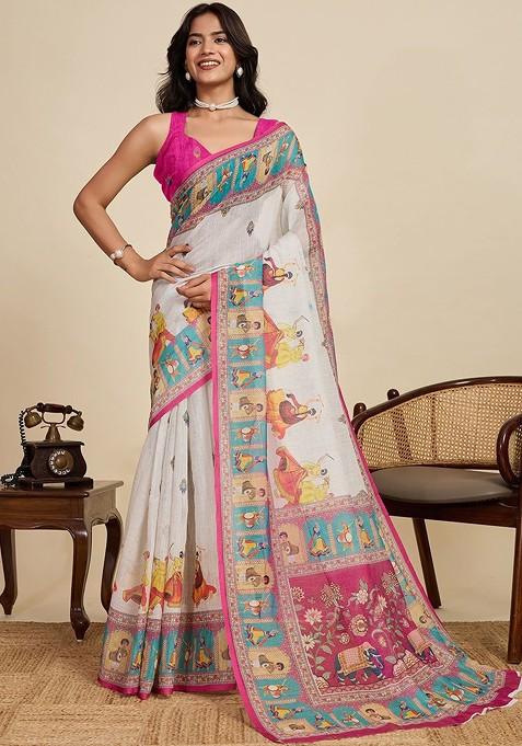 Off White Embroidered Blended Saree Set