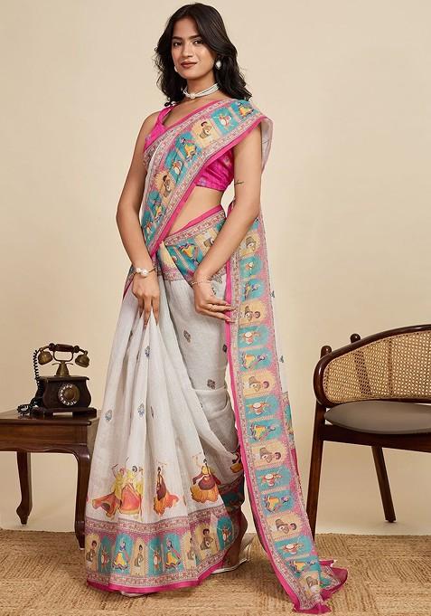 Off White Embroidered Blended Saree Set