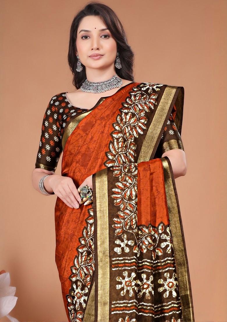Rust Embroidered Blended Saree Set - Indya