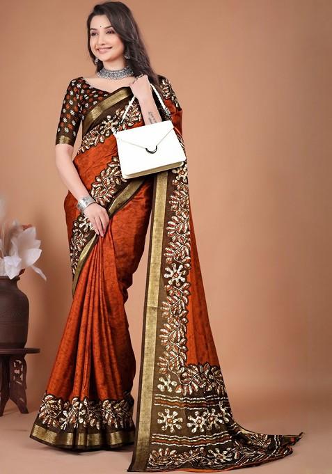 Rust Embroidered Blended Saree Set — view on Indya