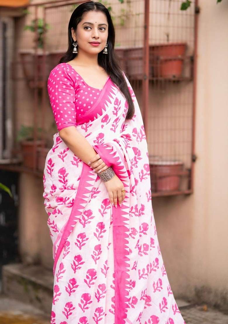 White Embroidered Blended Saree Set for Diwali and Festive Wear - Indya