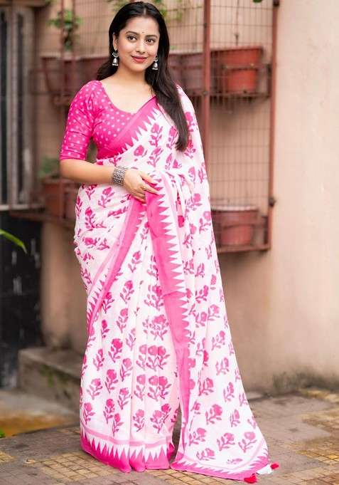 White Embroidered Blended Saree Set for Diwali and Festive Wear
