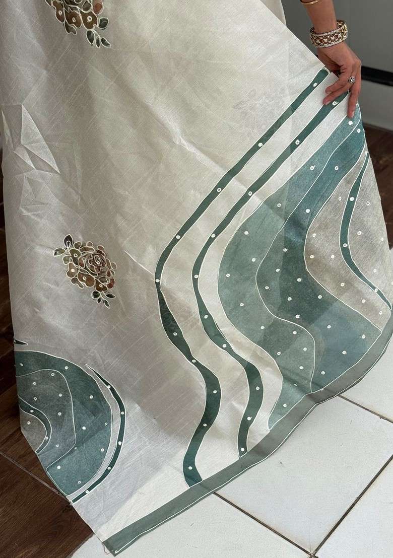 Off White Embroidered Blended Saree Set - Indya