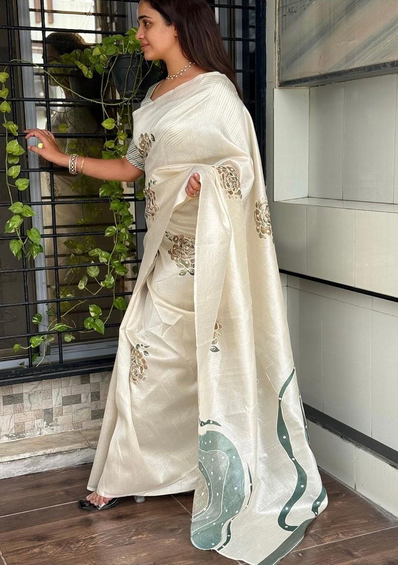 Off White Embroidered Blended Saree Set - Indya