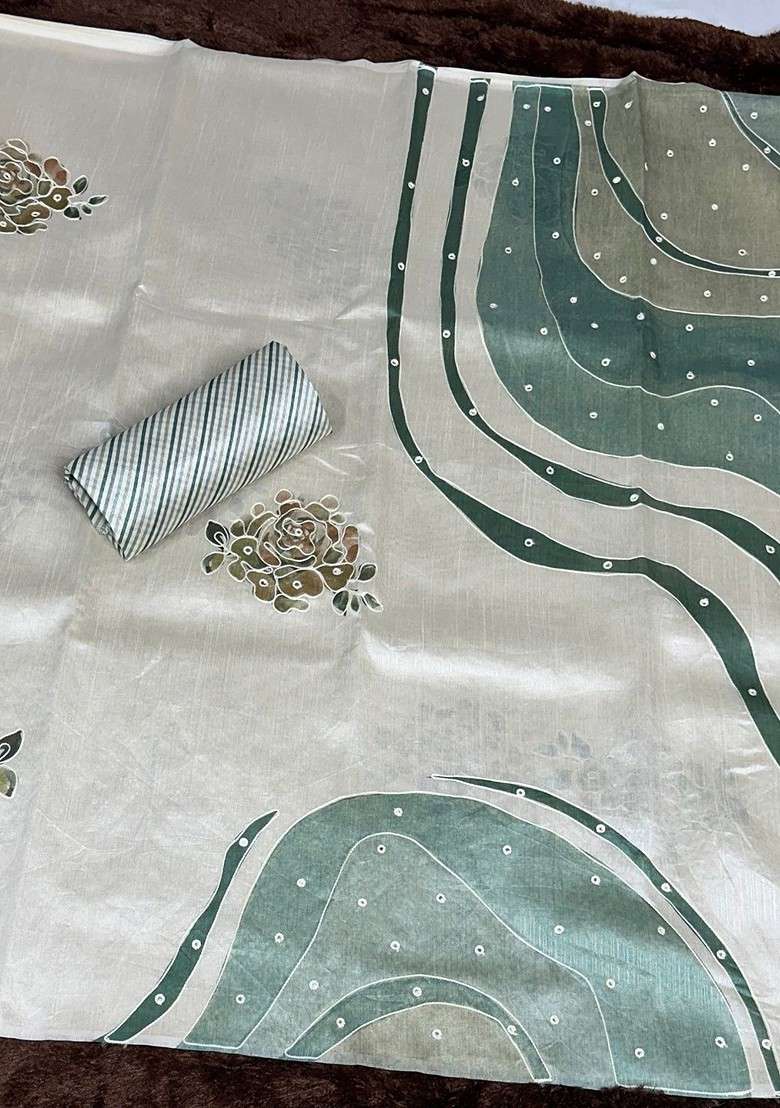Off White Embroidered Blended Saree Set - Indya