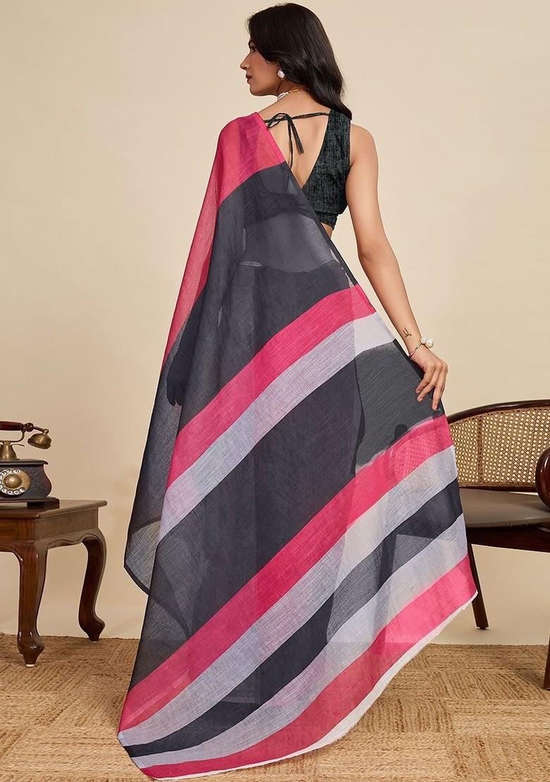 Black Embroidered Blended Saree Set - Indya