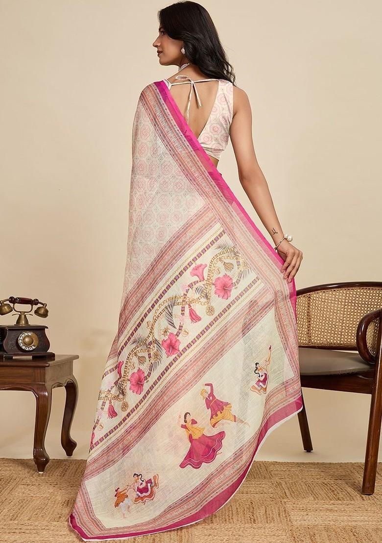Cream Embroidered Blended Saree Set - Indya