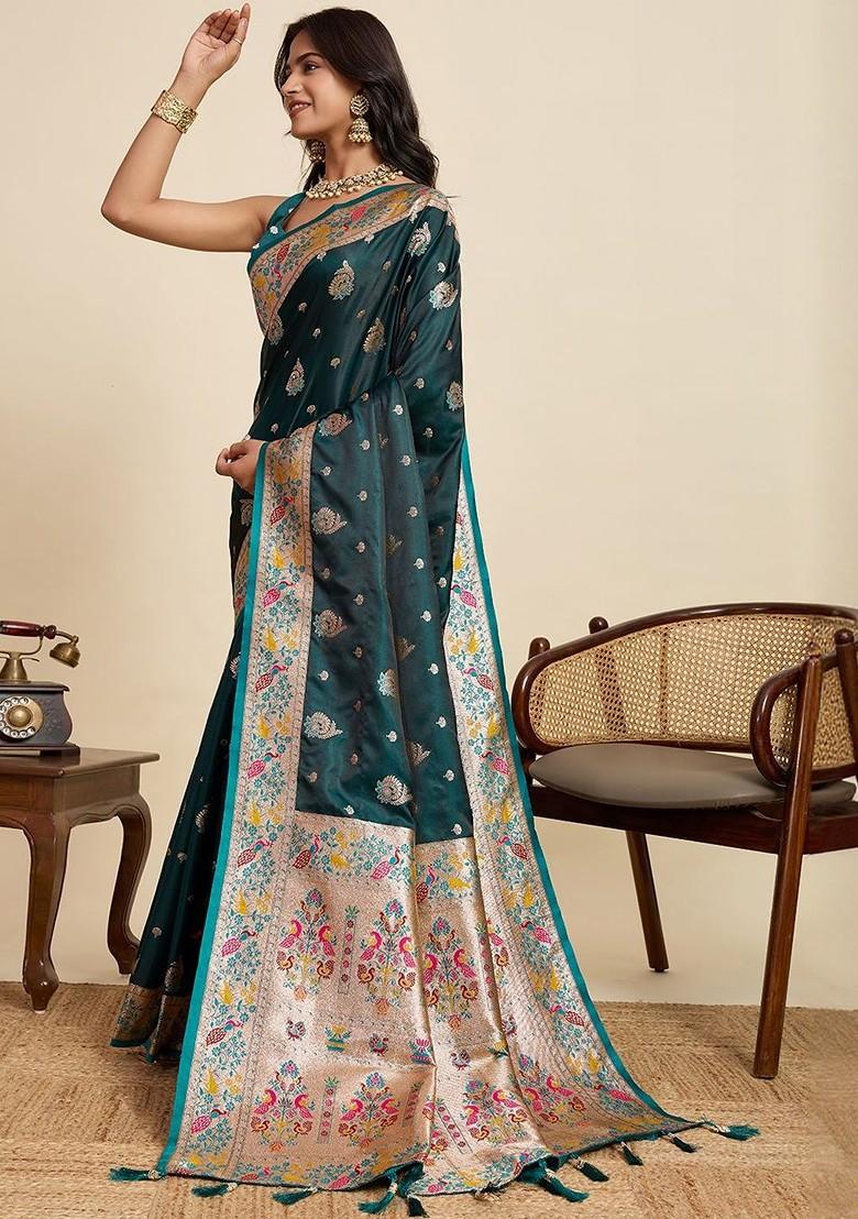 Teal Embroidered Blended Saree Set - Indya