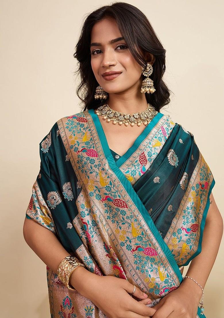 Teal Embroidered Blended Saree Set - Indya
