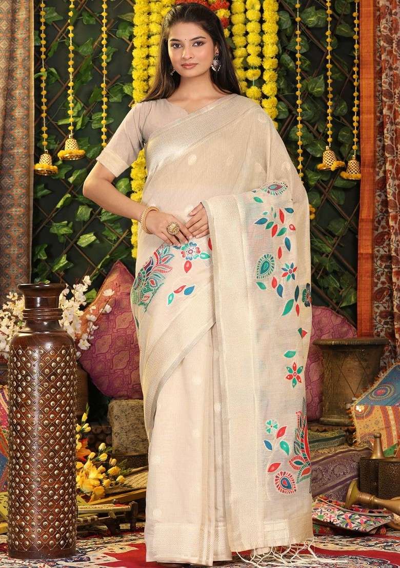 Cream Embroidered Blended Saree Set - Indya