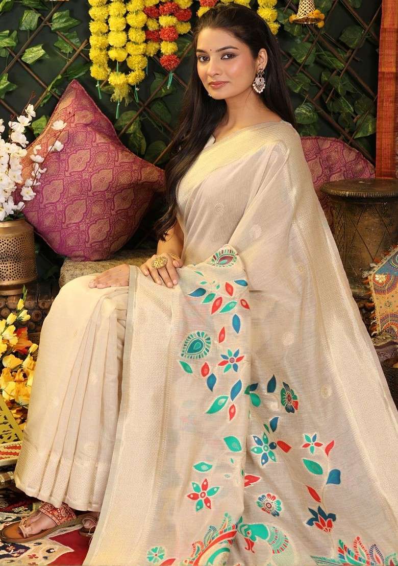 Cream Embroidered Blended Saree Set - Indya