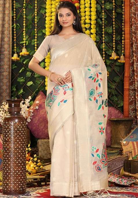 Cream Embroidered Blended Saree Set for Diwali and Festive Wear