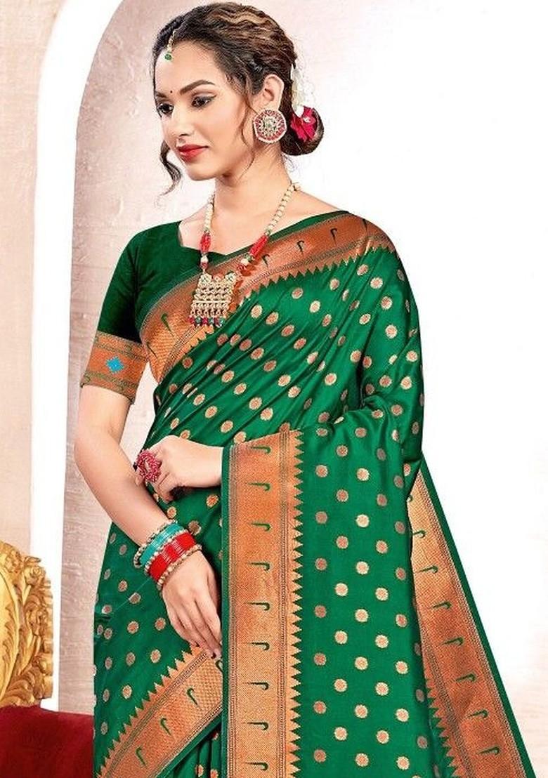Green Embroidered Blended Saree Set - Indya