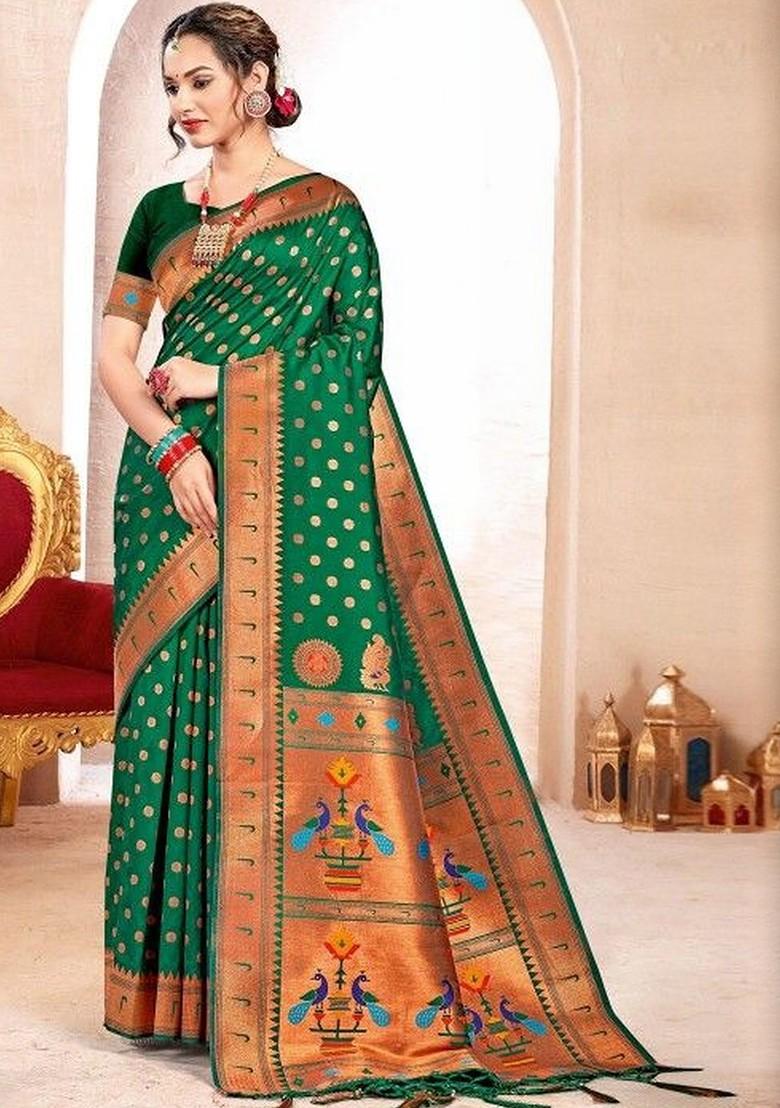 Green Embroidered Blended Saree Set - Indya