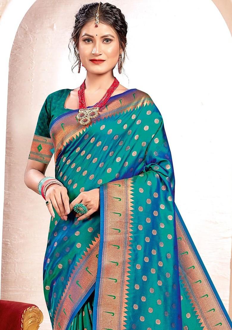 Teal Embroidered Blended Saree Set - Indya