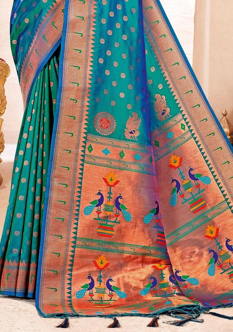 Teal Embroidered Blended Saree Set - Indya