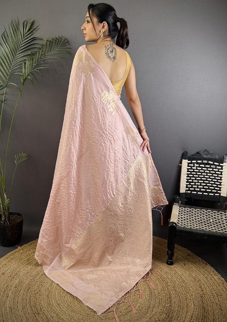 Peach Embroidered Blended Saree Set - Indya