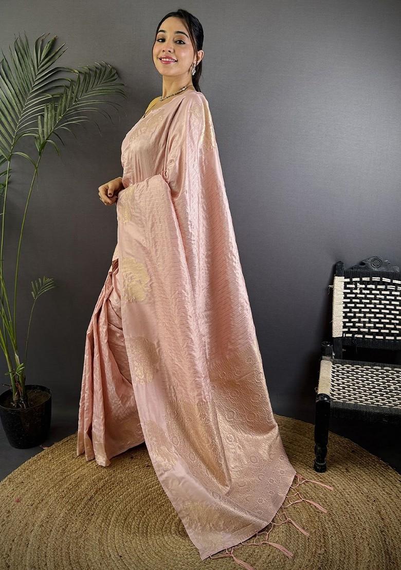 Peach Embroidered Blended Saree Set - Indya