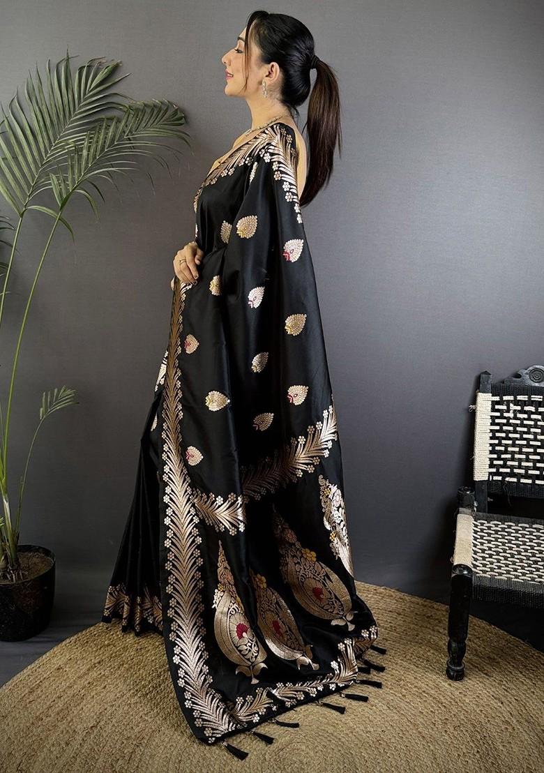 Black Embroidered Blended Saree Set - Indya