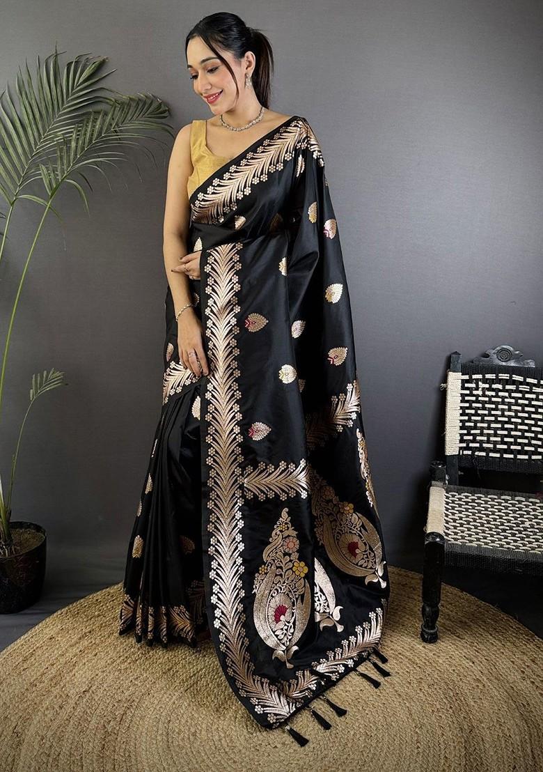 Black Embroidered Blended Saree Set - Indya