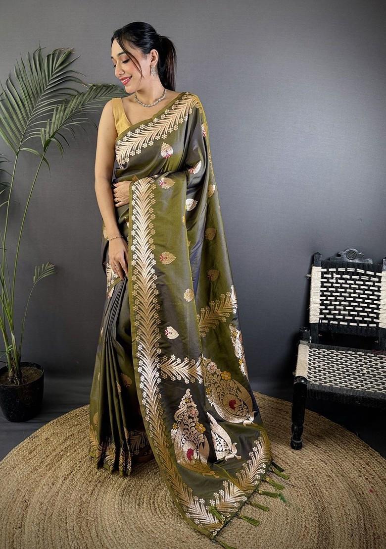 Olive Embroidered Blended Saree Set - Indya